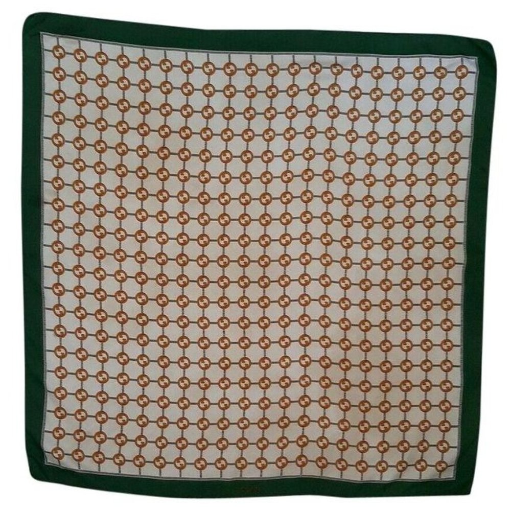 LA-Gucci Green Gold Brown G Logo Print Silk Scarf